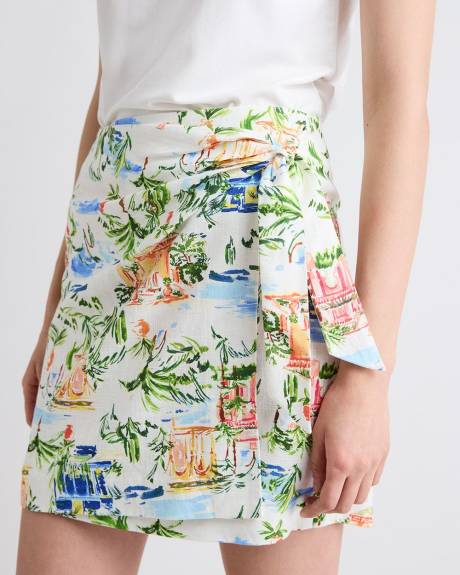 Linen-Blend Wrap Mini Skirt
