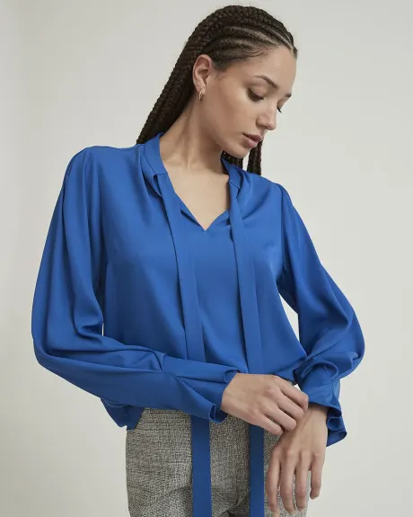 Twist Twill Long Pleated Sleeve Blouse with Neck Tie