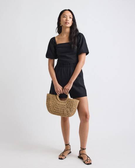 Haut Tube en M&eacute;lange de Lin &agrave; Col Carr&eacute; et Manches Bouffantes