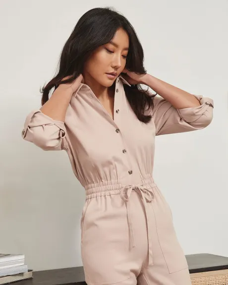 Long-Sleeve Jumpsuit with Shirt Collar and Drawstring Waist