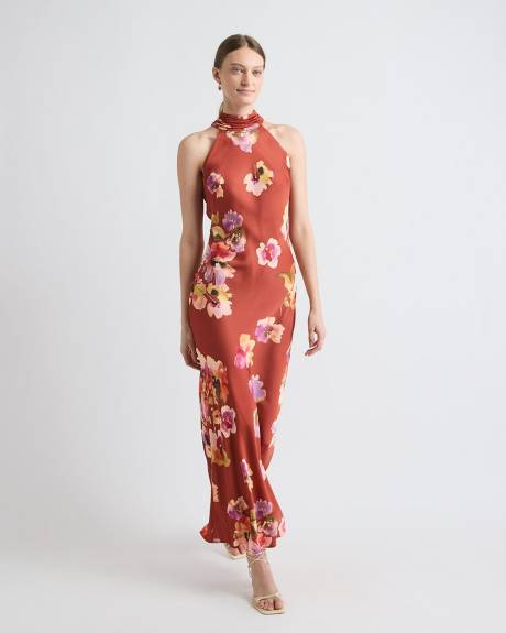 Robe Cocktail Midi en Satin Sans Manches &agrave; Encolure Licou