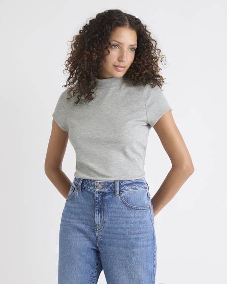 Cap-Sleeve Mock-Neck Ribbed Top