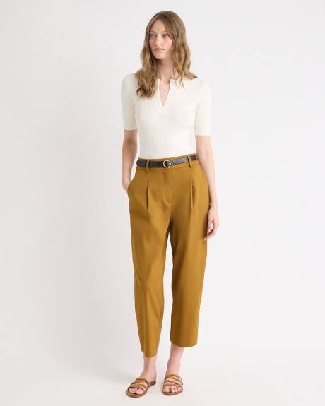 Pull Côtelé à Col Fendu et Manches aux Coudes