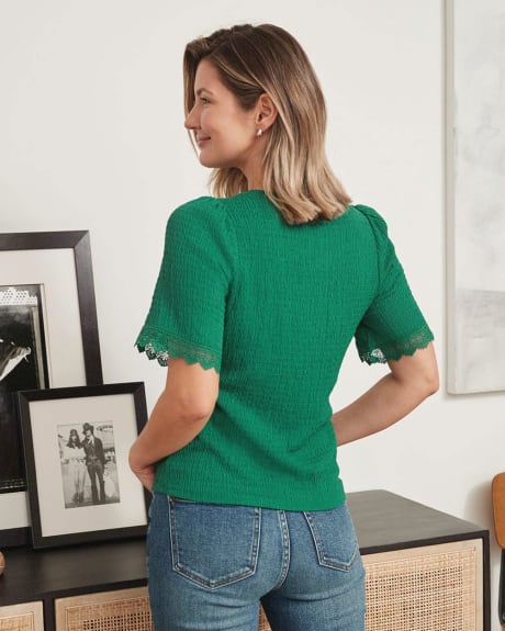 Textured Knit T-Shirt with Lace Trim