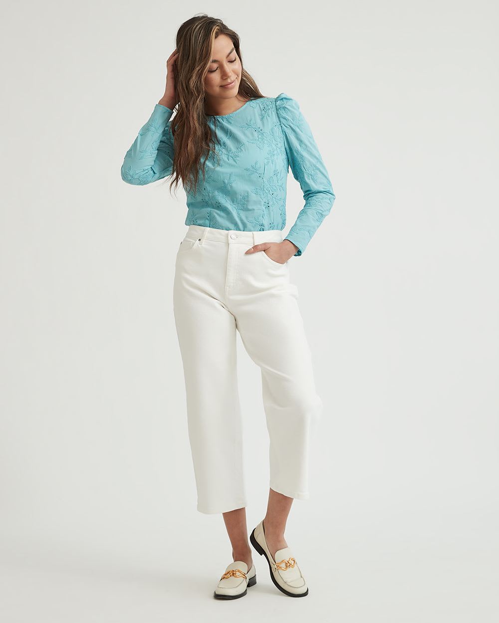 Embroidered Crew-Neck Long Sleeve Blouse with Shirring at Shoulders