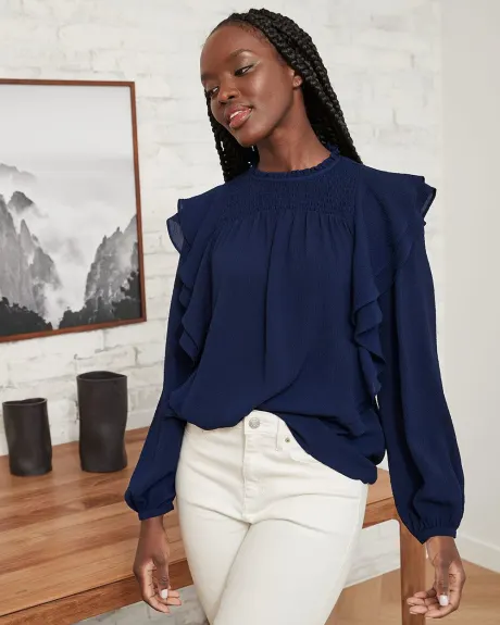Ruffled Crew-Neck Popover Blouse with Buttoned Cuffs