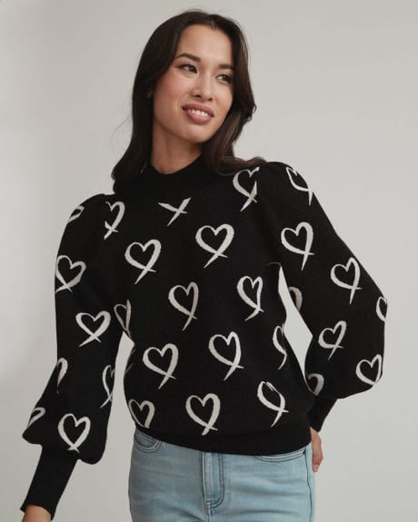 Mock-Neck Puffy Sleeve Sweater with Heart Pattern