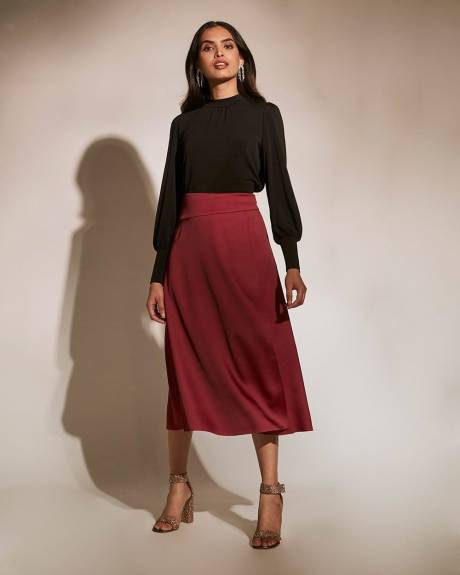 Satin High-Waist Faux Wrap Midi Skirt