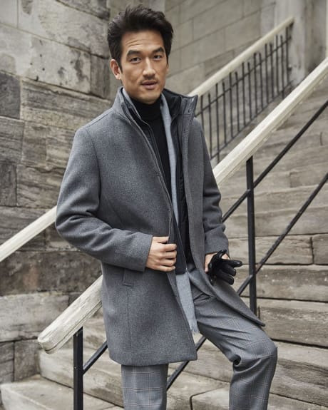 Men's Modern Fit Grey Wool Coat with Hood - Long Winter Coat