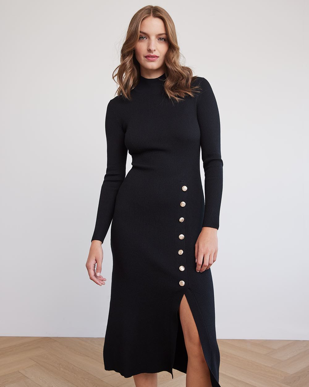 Long-Sleeve Mock-Neck Fitted Midi Dress