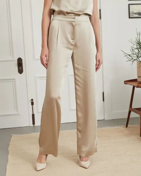 Pantalon Plisé à Jambe Large et Taille Haute en Satin Mat