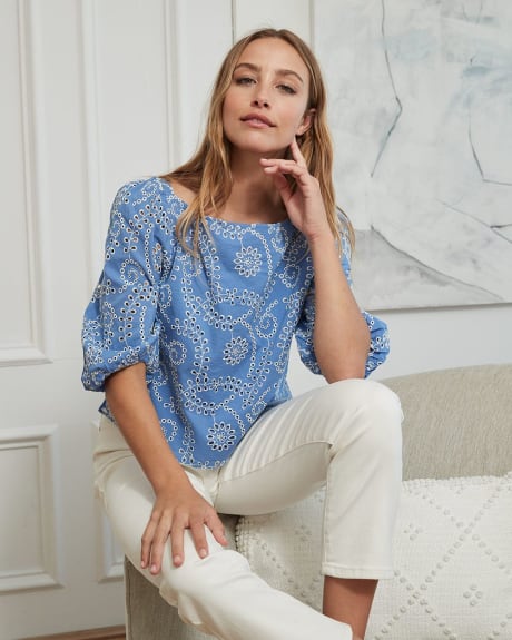 Cotton Voile 3/4 Sleeve Popover Blouse with Embroidery Details