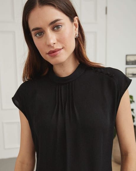 Black Mixed-Media Mock-Neck Tee with Extended Shoulders