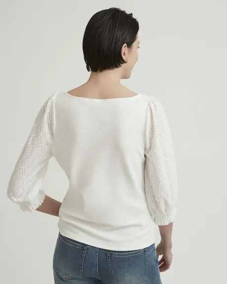 Knit Crepe Bi-Fabric Boat-Neck T-Shirt with Lace Elbow Sleeves