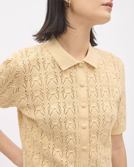 Short-Sleeve Buttoned-Down Sweater Top with Shirt Collar