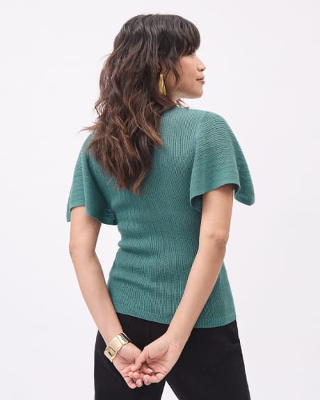 Short-Flutter-Sleeve Sweater with Pointelle Stitches