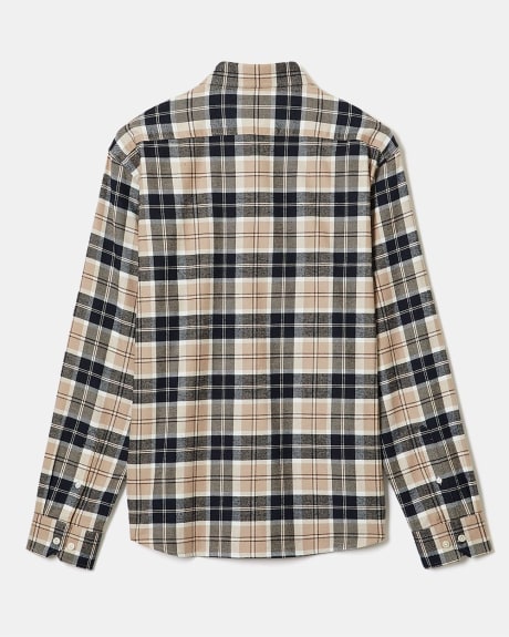 Regular Fit Navy and Beige Plaid Flannel Shirt