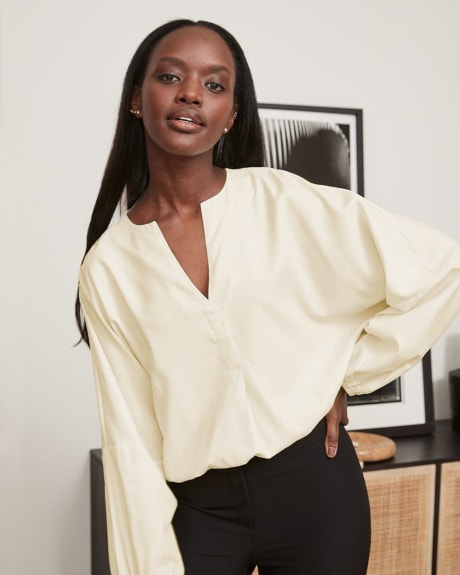 Oversized Plain Weave Popover Blouse with Puffy Long Sleeves