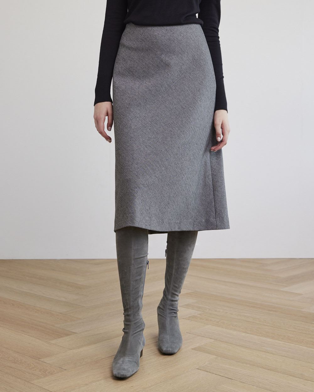 High-Waisted A-Line Midi Tweed Skirt