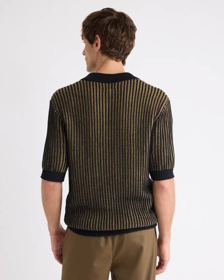 Pull Texturé à Manches Courtes et Col Johnny à Rayures Verticales