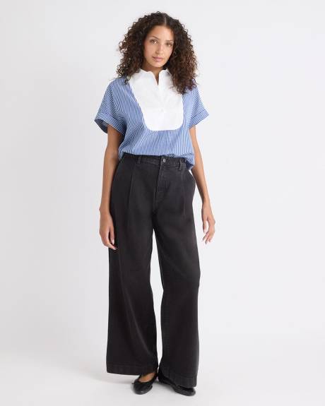 Blouse en Popeline Rayée à Manches Très Courtes et Col Chemisier