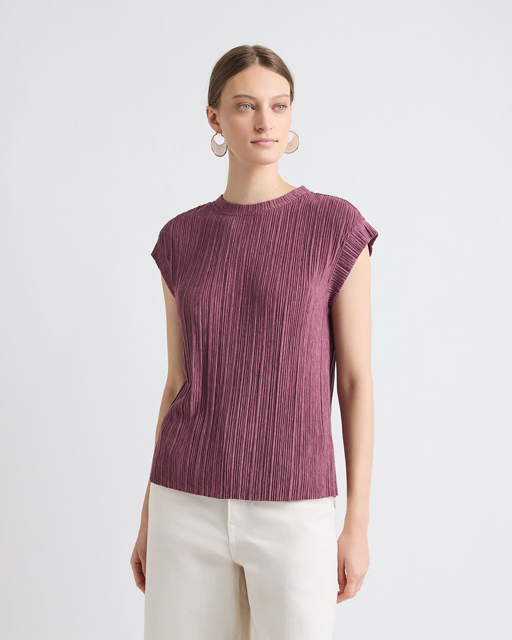 Crew-Neck Crinkled-Knit Top with Cap Sleeves | RW&CO.