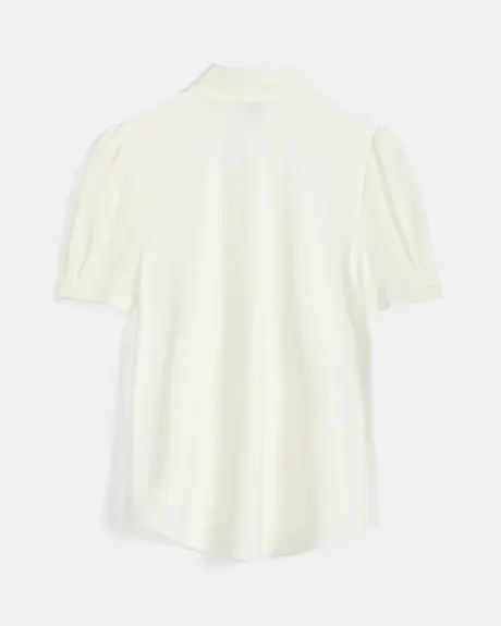 T-Shirt Bimatière Blanc à Manches Courtes et Noeud au Cou