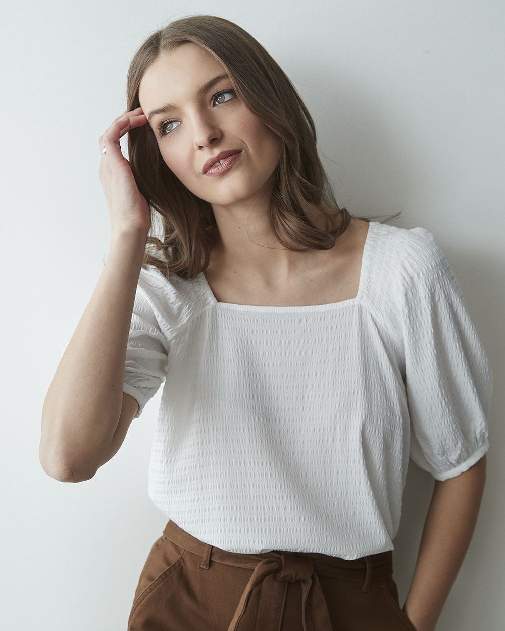 Textured Weave Puffy Sleeve Square-Neck Blouse