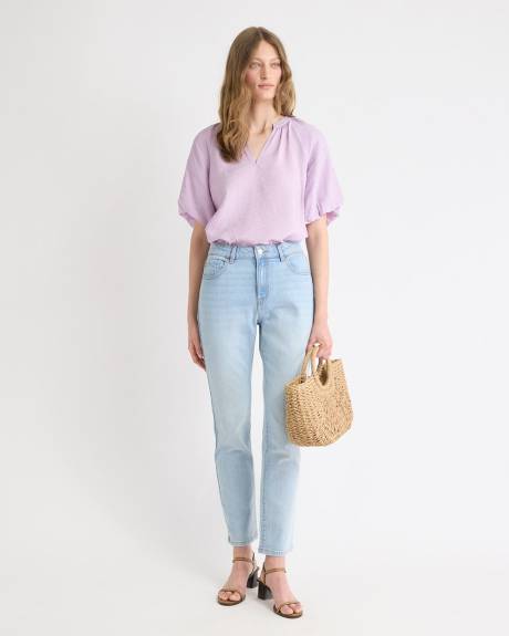 Blouse à Col V et Manches Courtes Bouffantes