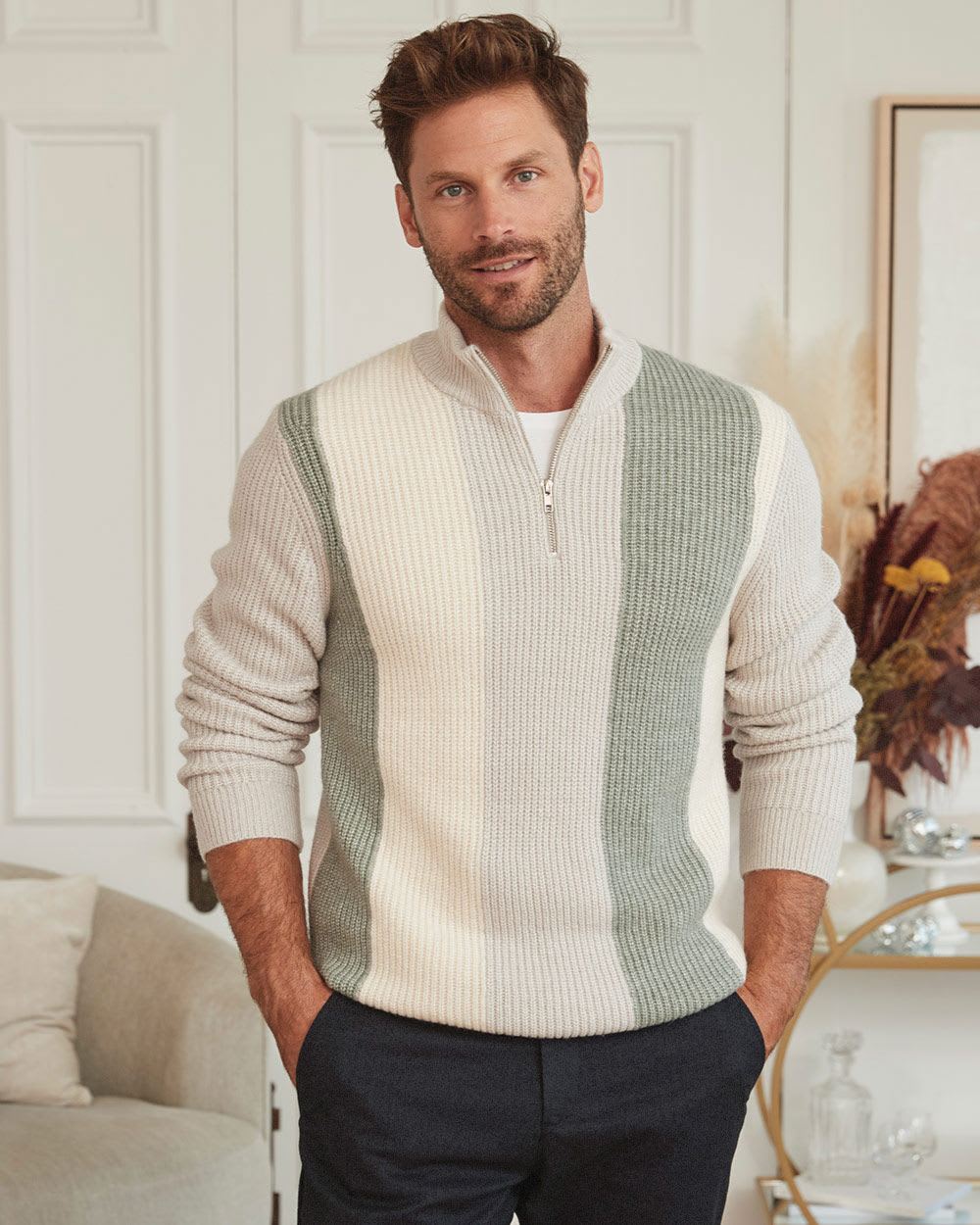 Mock-Neck Half-Zip Sweater with Vertical Stripes