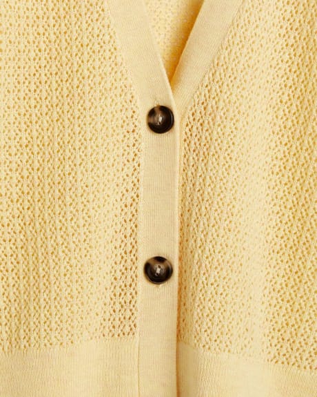 Open Stitch Puff Sleeve Buttoned Cardigan