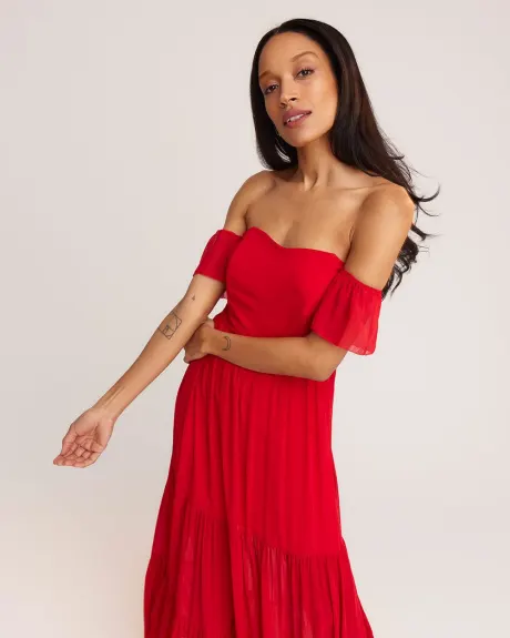 Off-the-Shoulder Crinkle Chiffon Gown with Shirring
