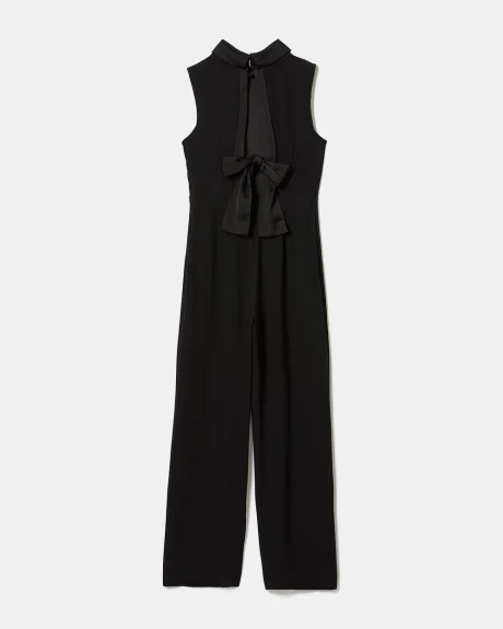 Crepe Sleeveless Mock-Neck Jumpsuit with Satin Bow at Back