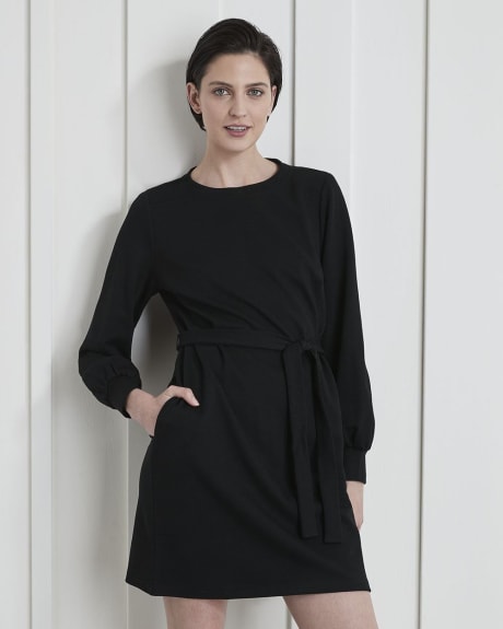 Knit Twill Boat-Neck Long Sleeve Dress with Removable Sash