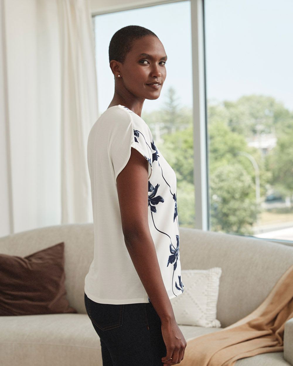 Floral Mixed Media TShirt with Drop Shoulders RW&CO.