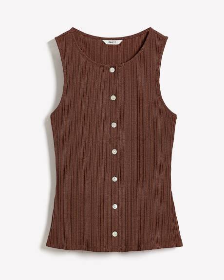 Sleeveless Crew-Neck Ribbed Buttoned-Down Top