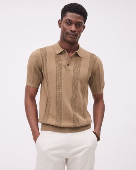 Short-Sleeve Polo Sweater with Vertical Stitches