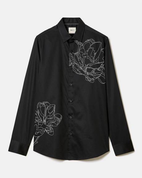 Chemise Habill&eacute;e Noire &agrave; Coupe &Eacute;troite avec Motif Floral Blanc