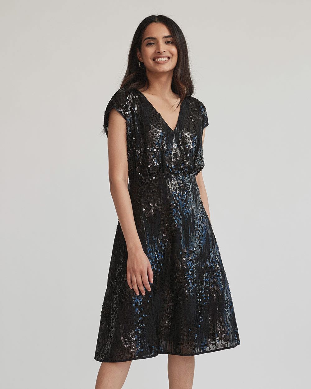 Distressed Sequin V-Neck Fit and Flare Cocktail Dress