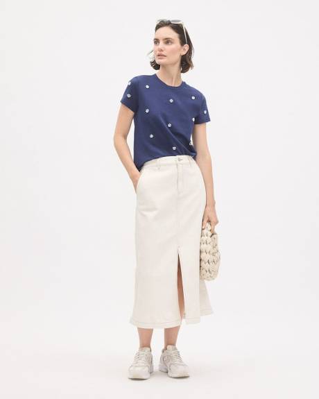 Haut &agrave; Manches Courtes et Col Rond avec Fleurs en Billes