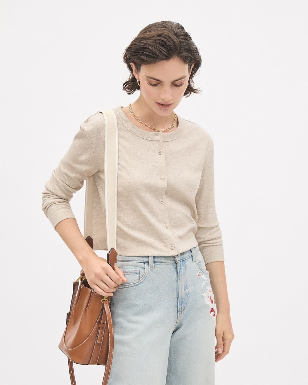 Long-Sleeve Crew-Neck Ribbed Buttoned-Down Top