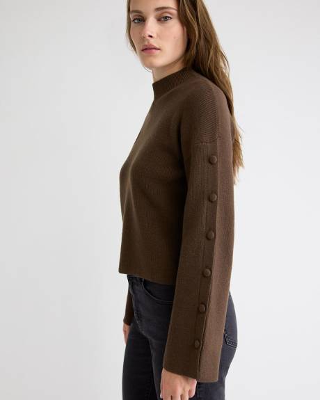 Mock-Neck Sweater with Buttons on Sleeves