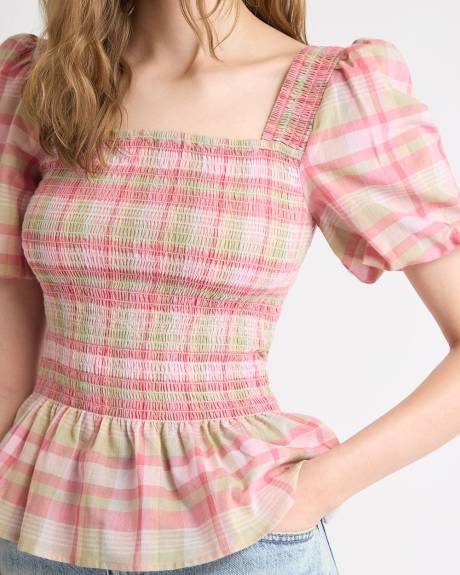 Smocked Peplum Blouse with Short Puffy Sleeves