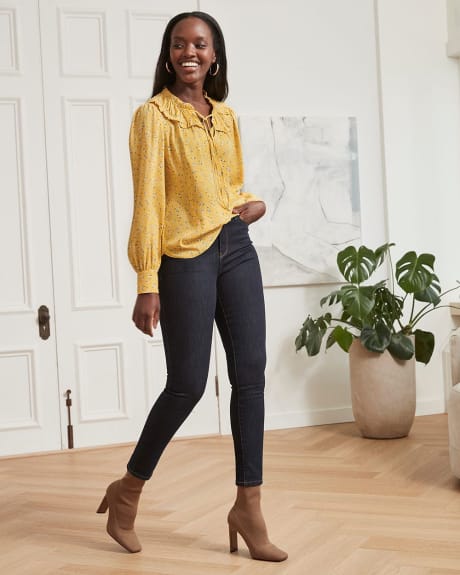 Long-Sleeve Popover Blouse with Neck Tie and Shirring