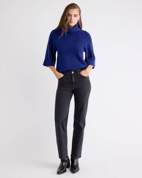 Elbow-Sleeve Mock-Neck Loose Sweater