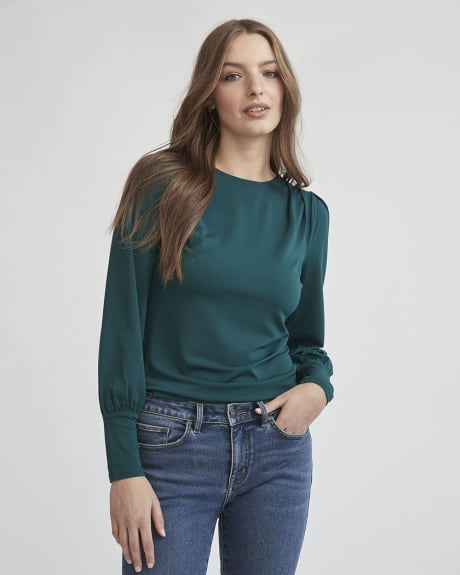Long Puffy Sleeve Knit Crepe Crew-Neck T-Shirt