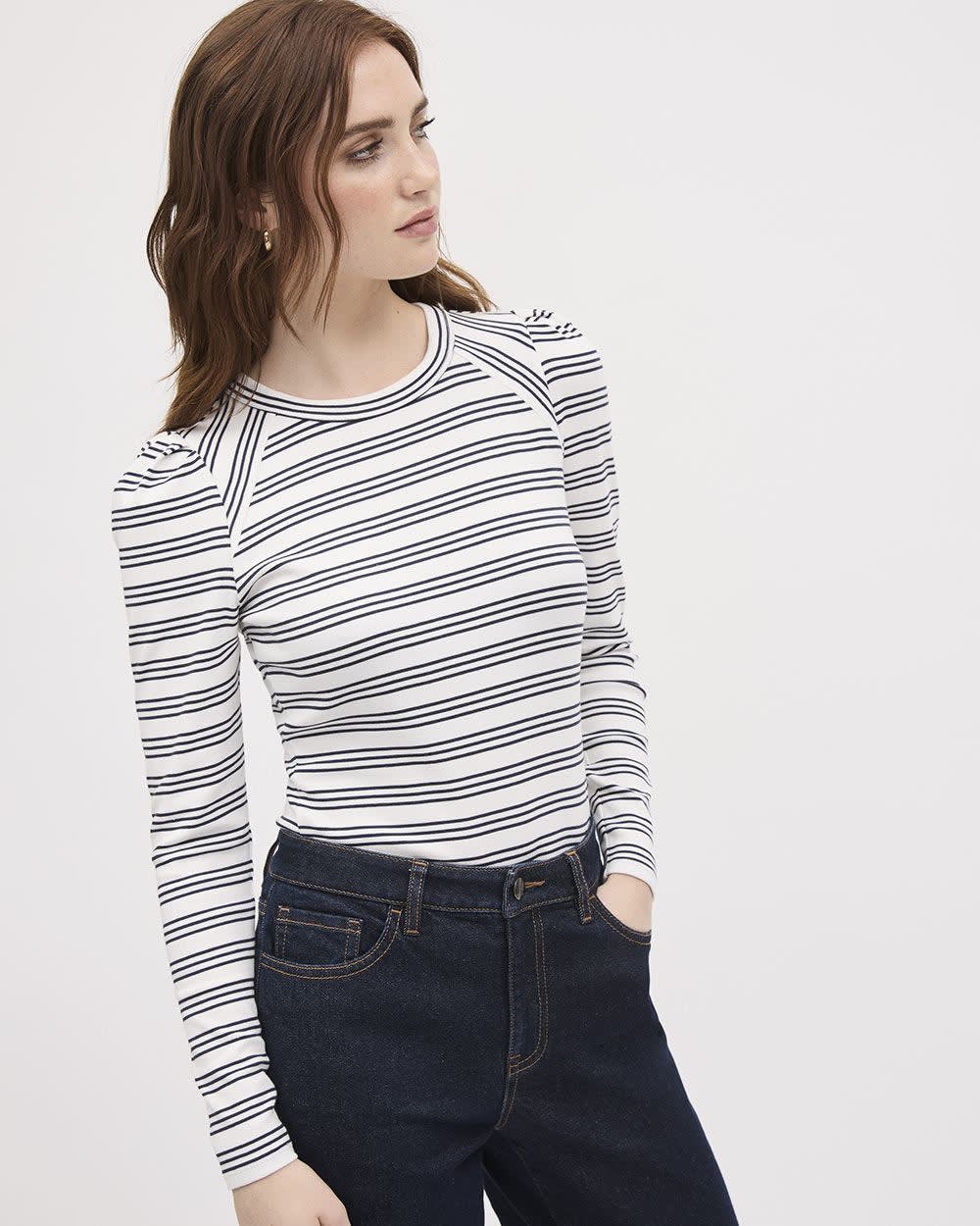 Striped Long-Sleeve Crew-Neck Ribbed Top | RW&CO.