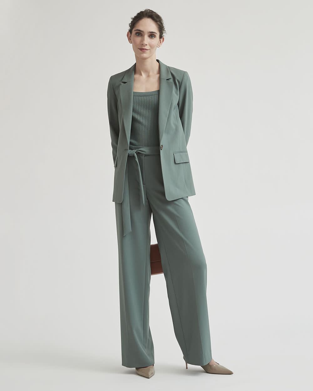 Dark Green Mid-Rise Wide-Leg Pant with Sash