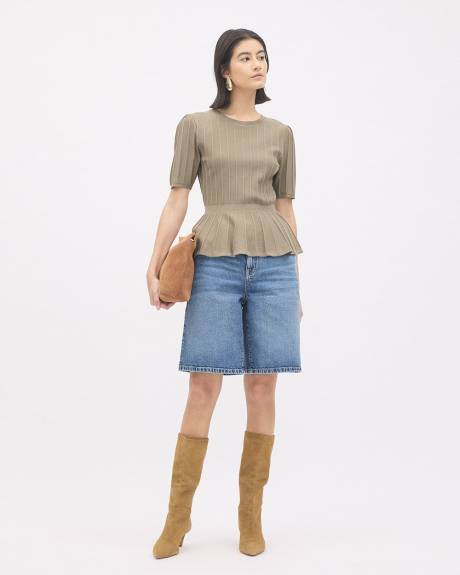 Elbow-Sleeve Crew-Neck Peplum Sweater