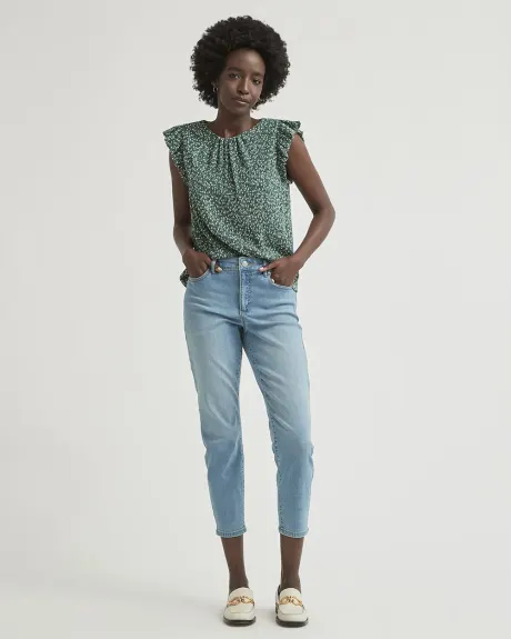 Plissé Crew-Neck Sleeveless Top with Frills at Shoulders